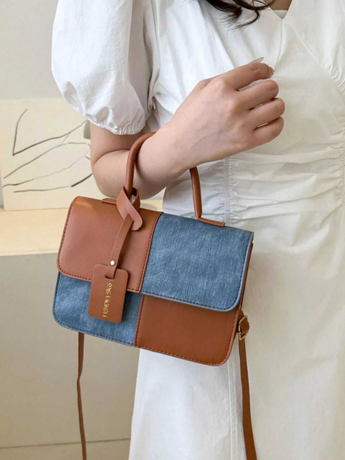 Two-Tone PU Leather Crossbody Bag