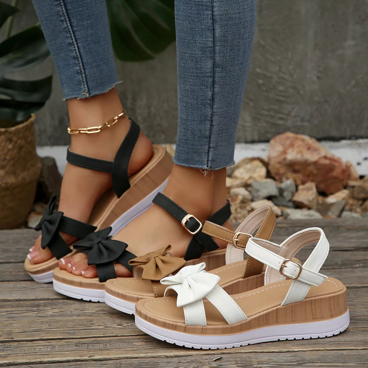 Bow Open Toe Wedge Sandals