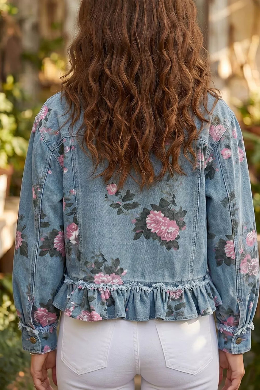 Floral Print Denim Jacket with Ruffled Hem