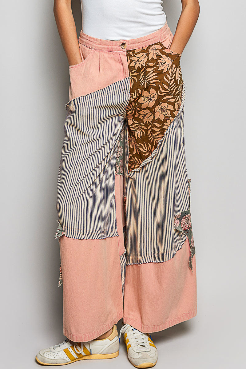 POL Striped Floral Patchwork Wide leg Pants with Side Big Star Patch