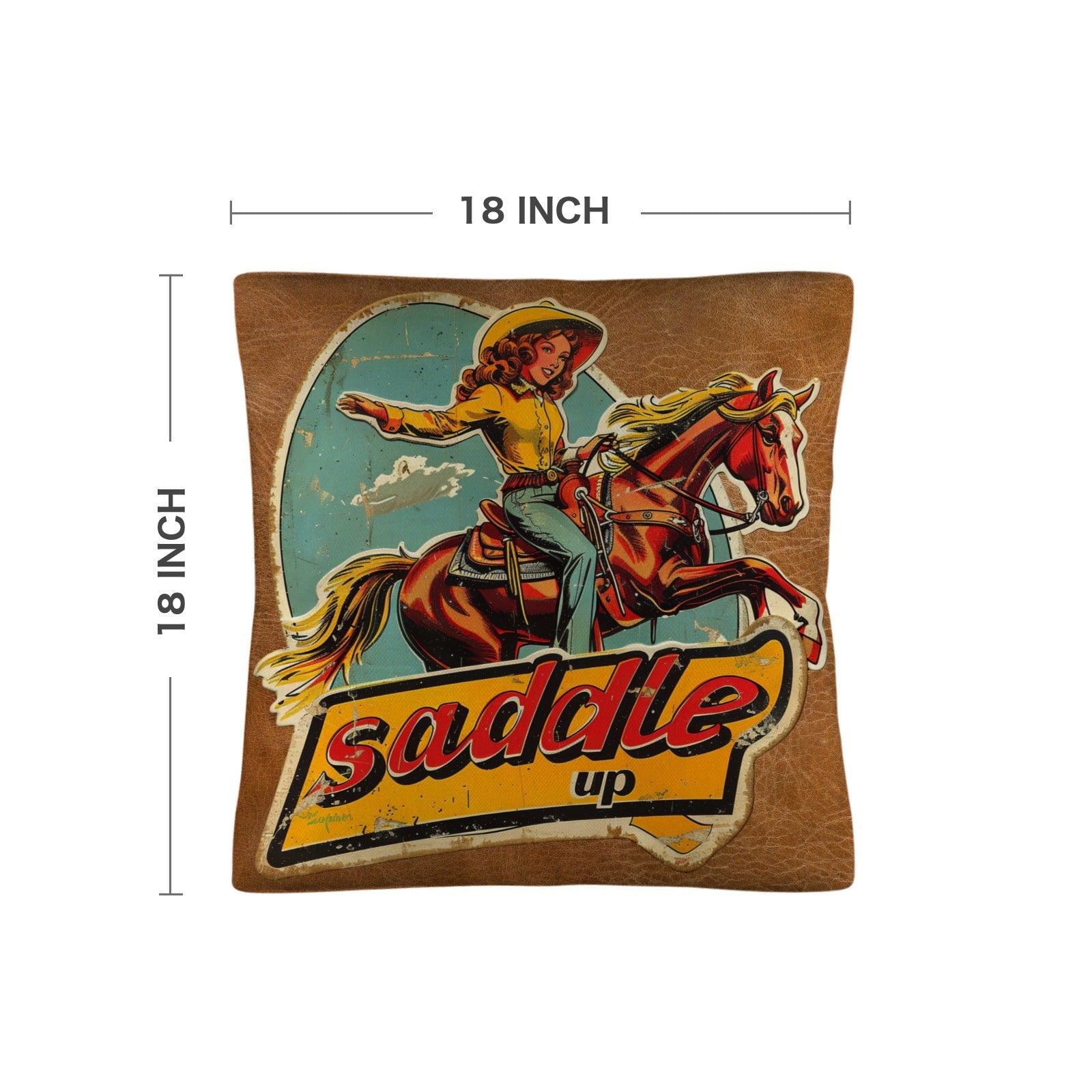 Baha Ranch Saddle Up Vintage Cowgirl Throw Pillow Case 18x18inch Made in America