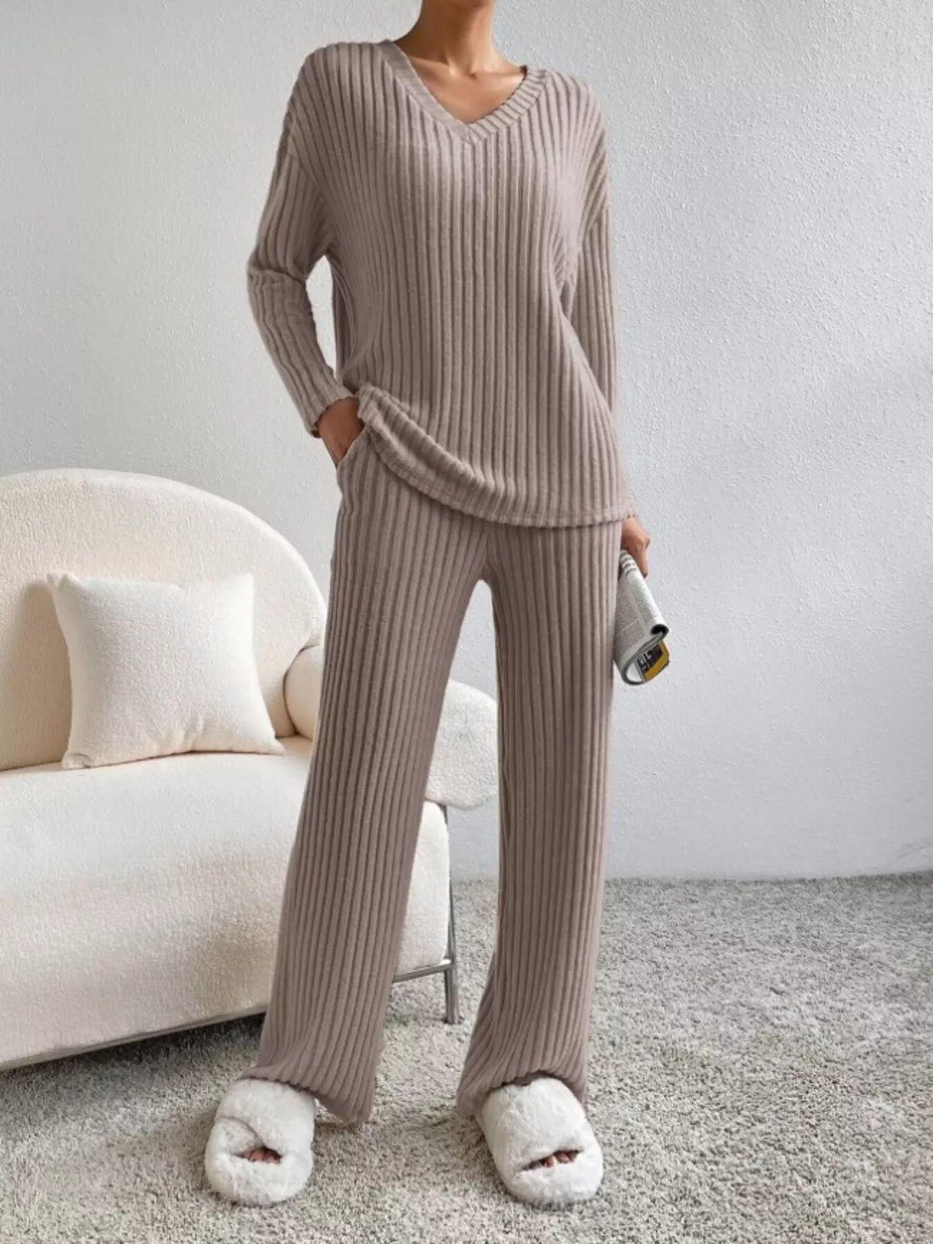 Ribbed Knit V-Neck Top and Pants Set