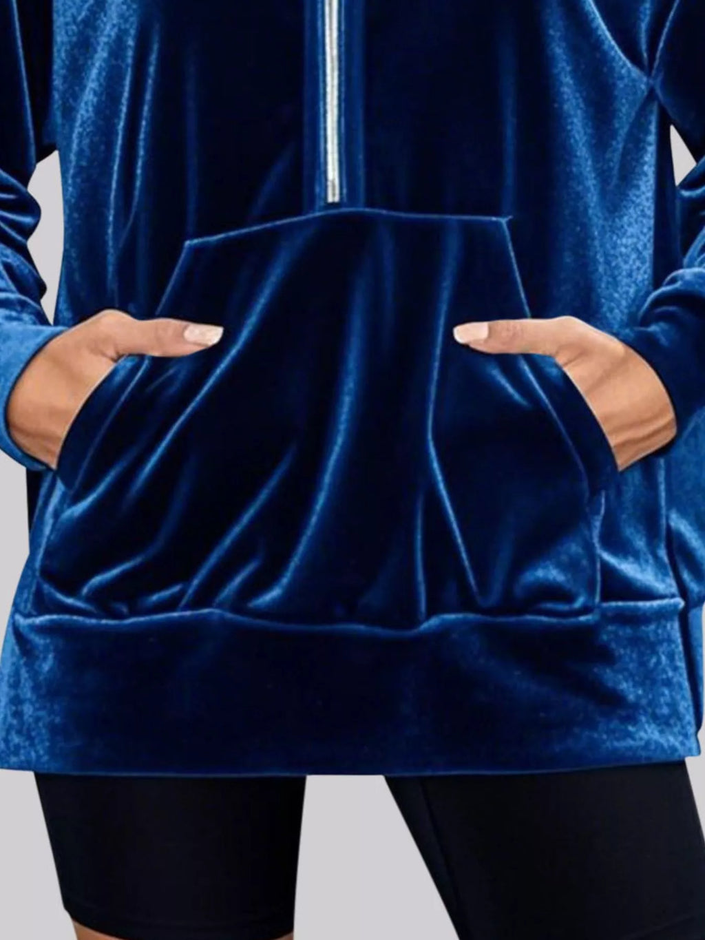 Full Size Velvet Half Zip Hoodie with Kangaroo Pocket Plus Size