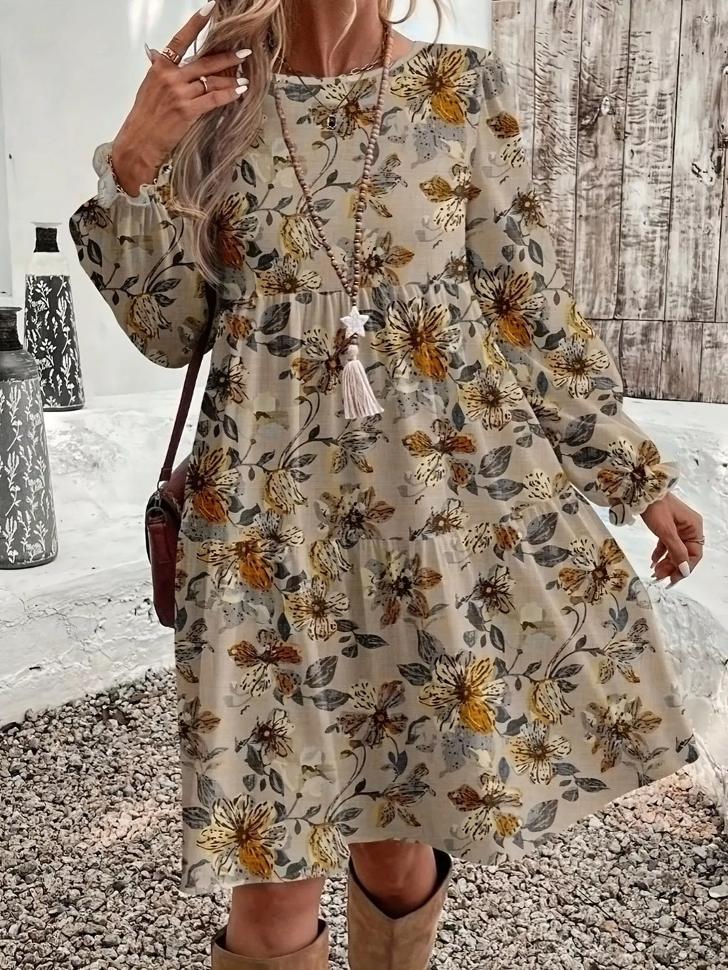 Floral Print Tiered Ruffle Hem Long Sleeve Dress
