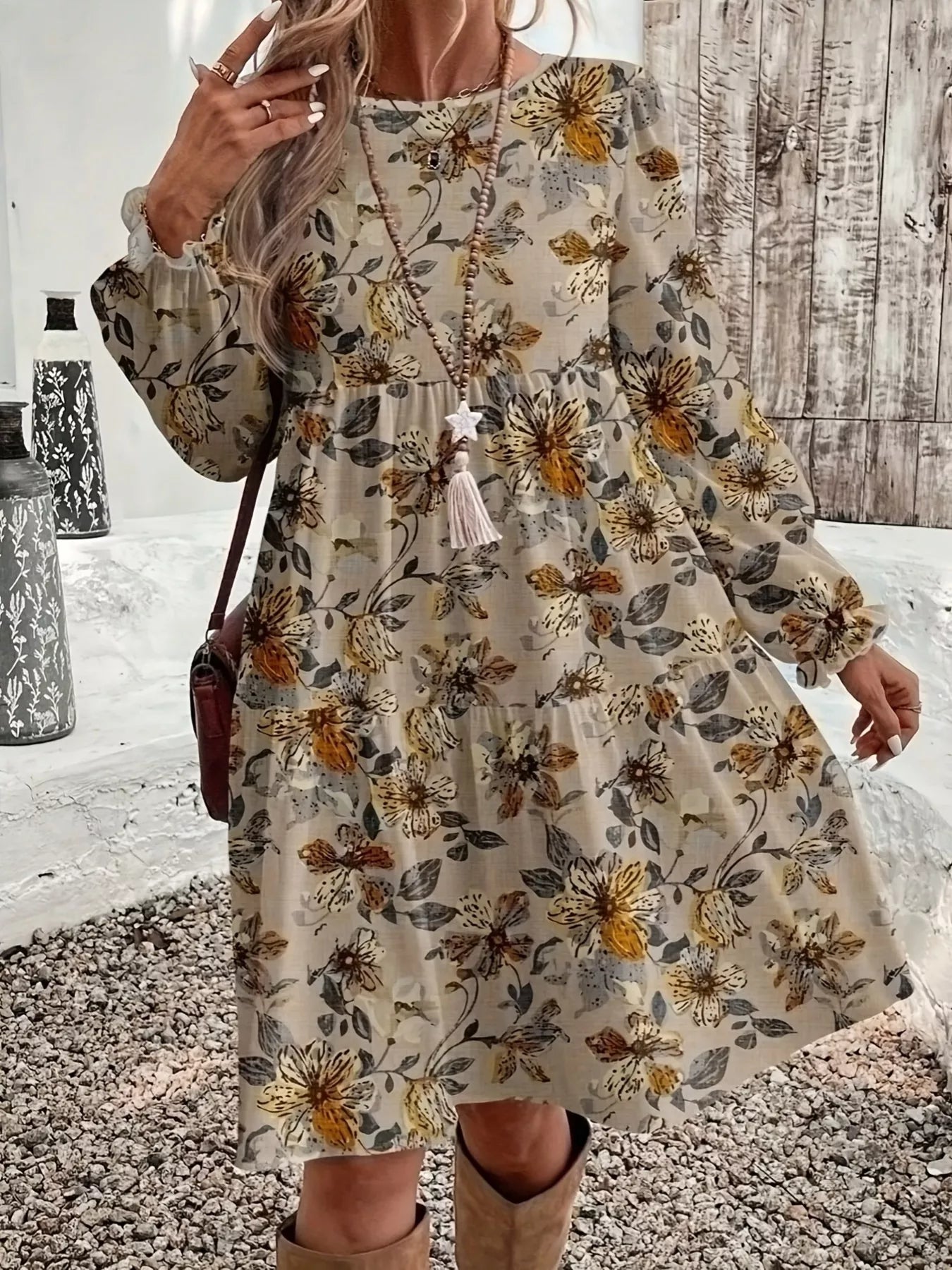 Floral Print Tiered Ruffle Hem Long Sleeve Dress