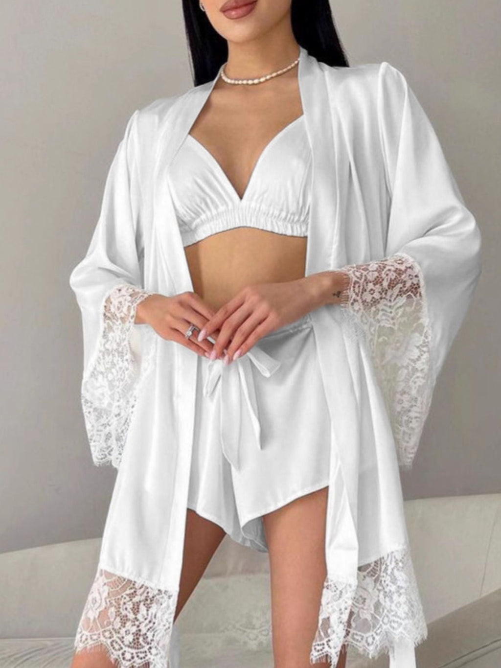 Cami & Lace Trim Cardigan & Shorts Lounge Set
