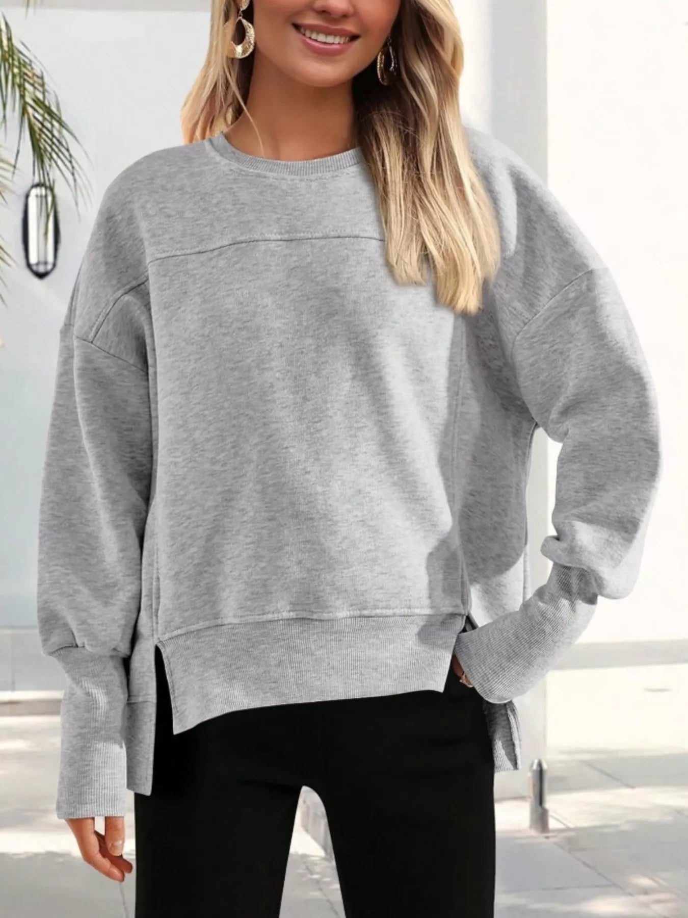 Slit Round Neck Dropped Shoulder Sweatshirt