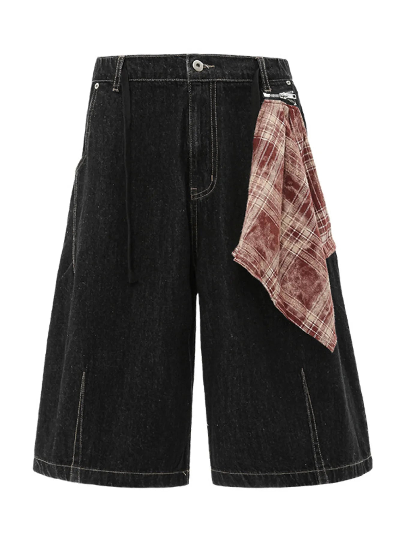 Men's Wide-Leg Denim Shorts with Plaid Accent