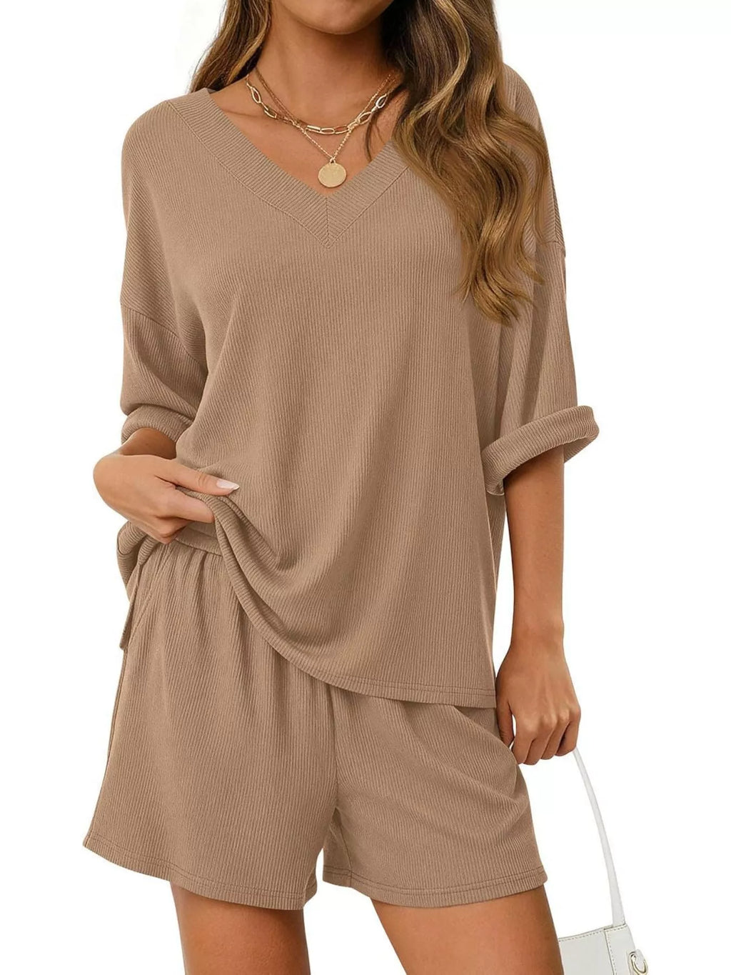Casual Solid Color V-Neck Top & Shorts Set