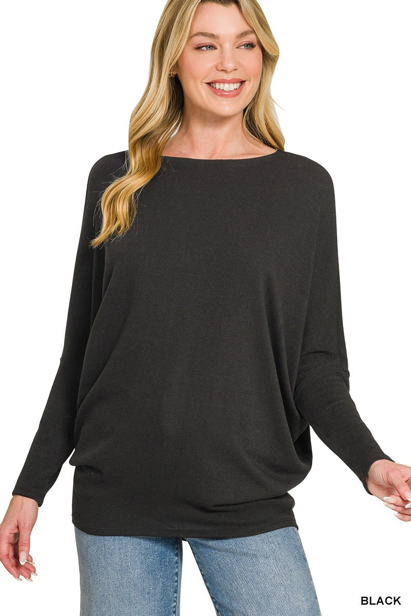 Zenana Hacci Dolman Sleeve Boat Neck Top
