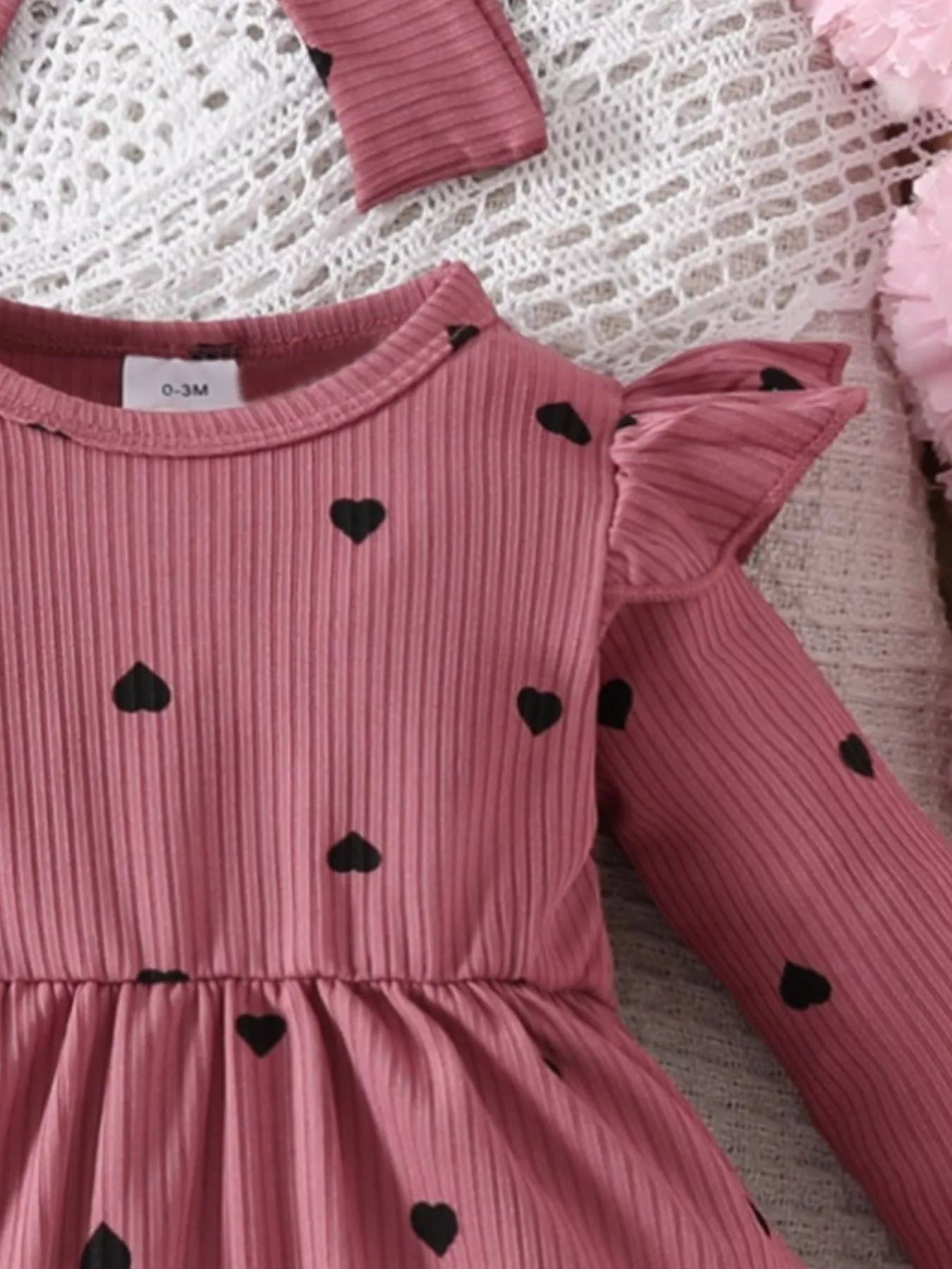 Children's Heart Print Ruffle Trim Bodysuit Dress with Headband