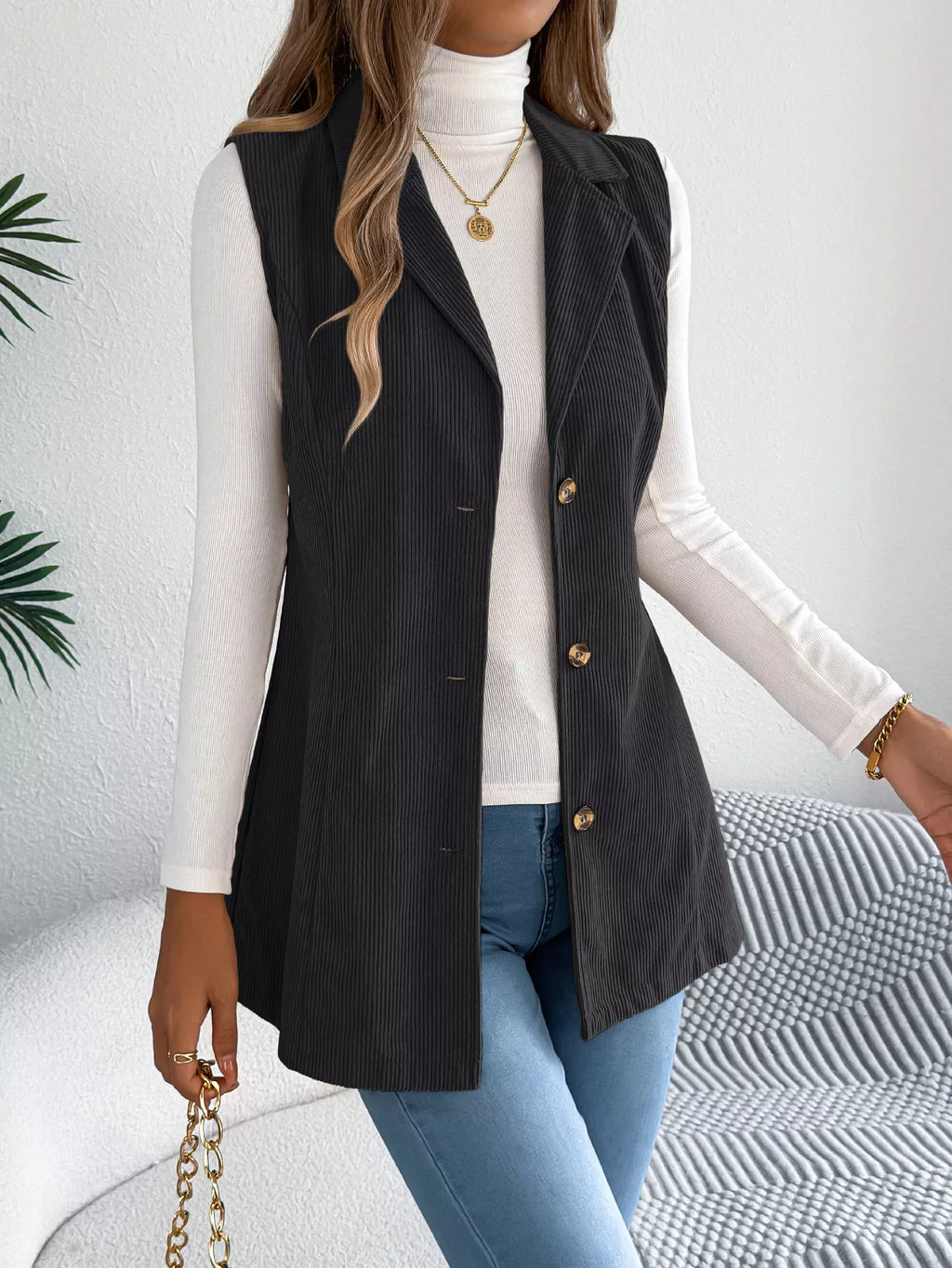 Button-Front Longline Vest Coat