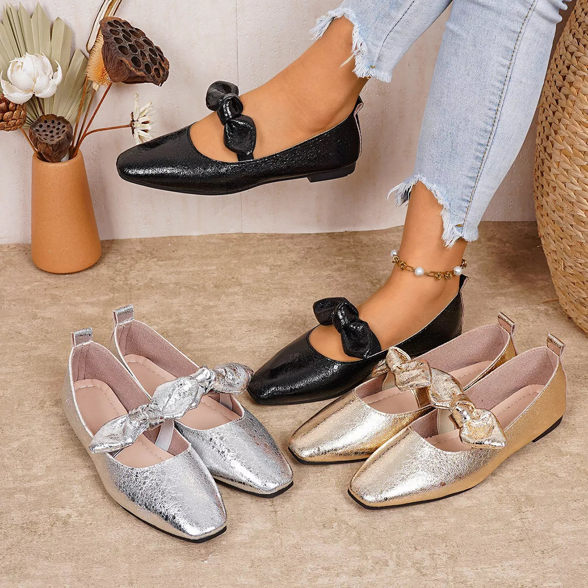 Bow Square Toe Slip-Ons