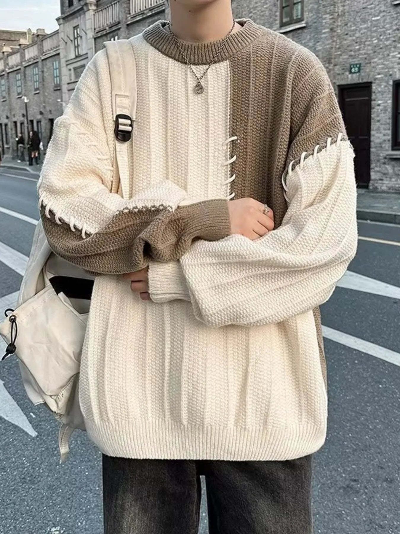 Men's Color Block Round Neck Knitted Pullover