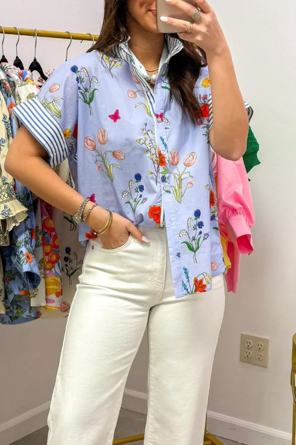 Floral Striped Patchwork Ruffled Collar Short Sleeve Shirt