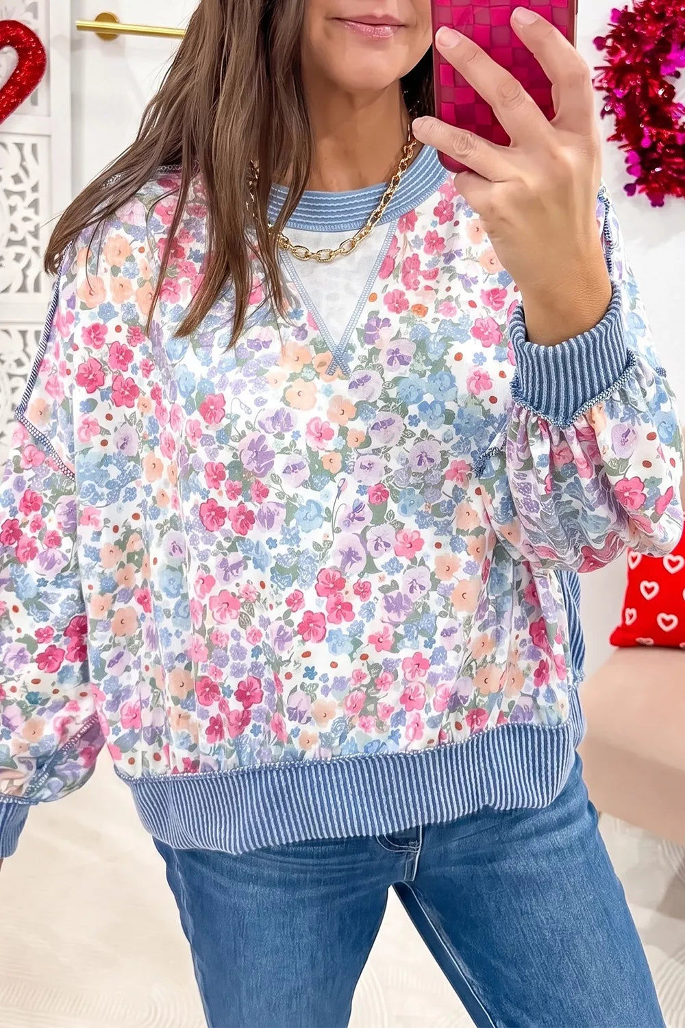 Multicolour Floral Print Round Neck Long Sleeve Shift Top