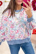 Multicolour Floral Print Round Neck Long Sleeve Shift Top