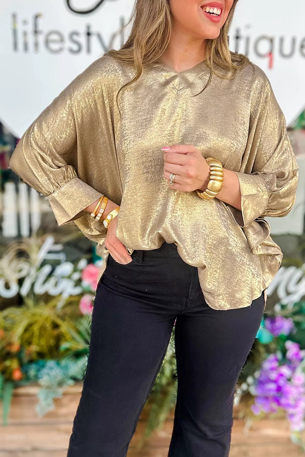 Metallic V Neck Button Cuffed Long Sleeve Dolman Blouse