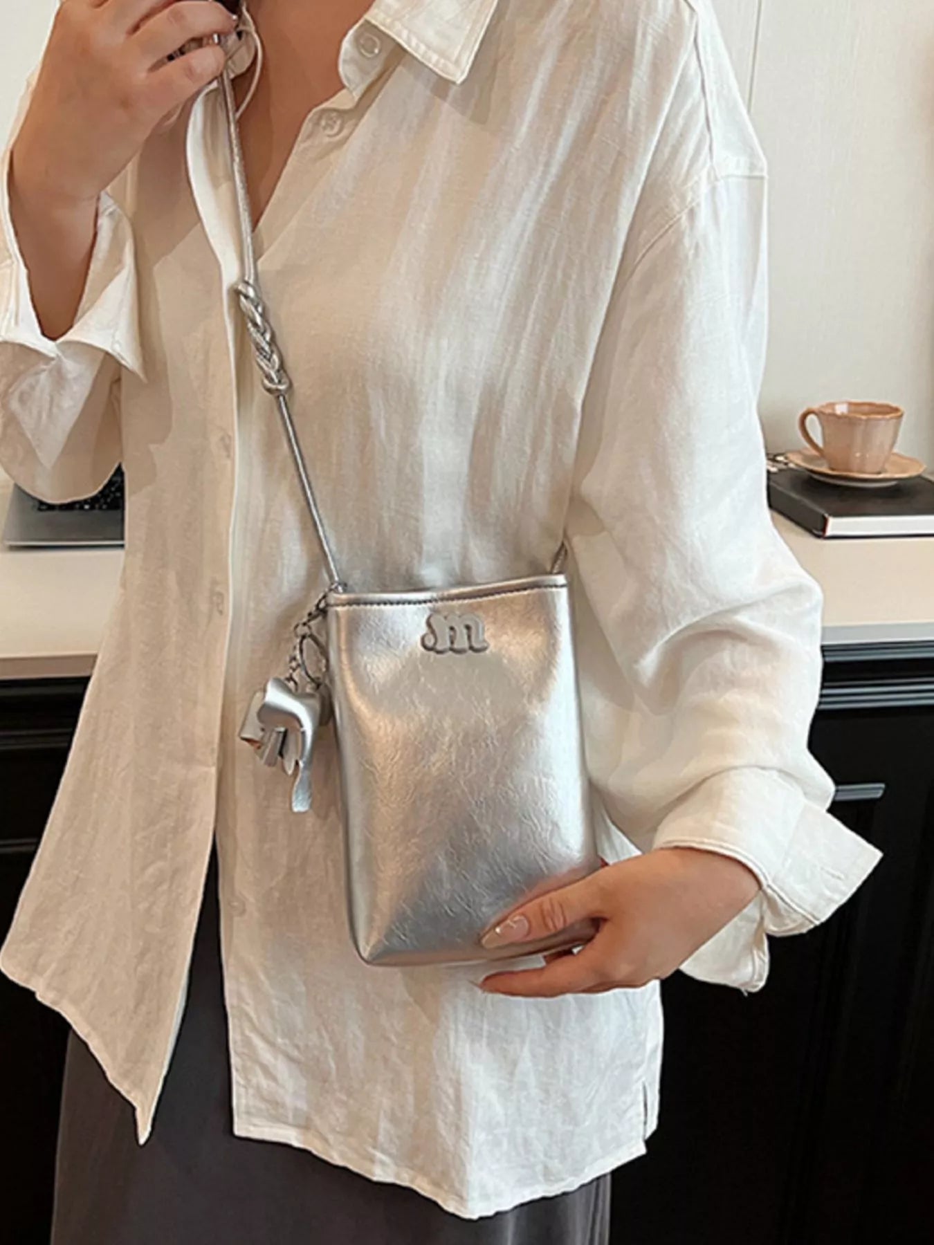 Minimalist PU Leather Crossbody Bag with Elephant Charm