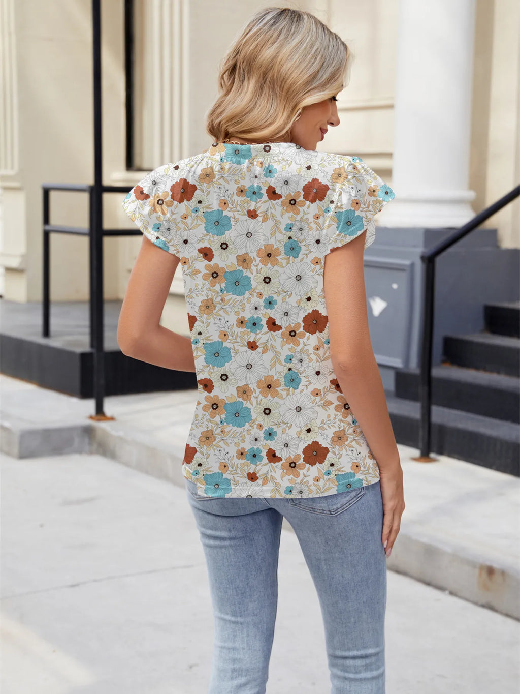 Floral Print V-Neck Cap Sleeve Casual Summer Blouse