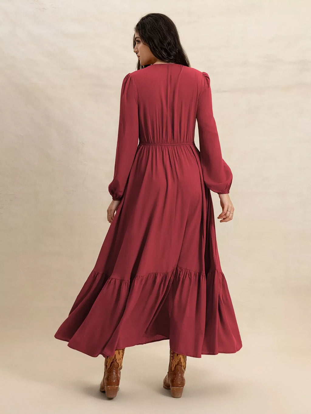 Plus Size V-Neck Balloon Sleeve Maxi Dress
