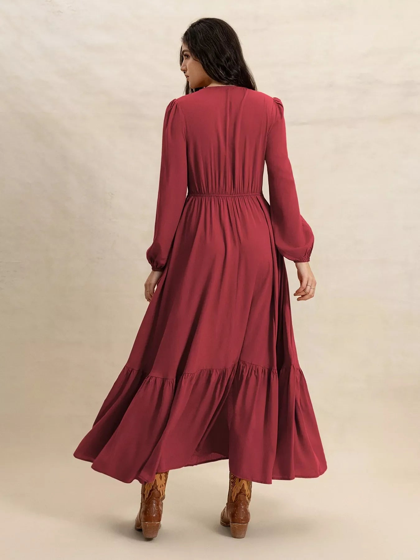 Plus Size V-Neck Balloon Sleeve Maxi Dress