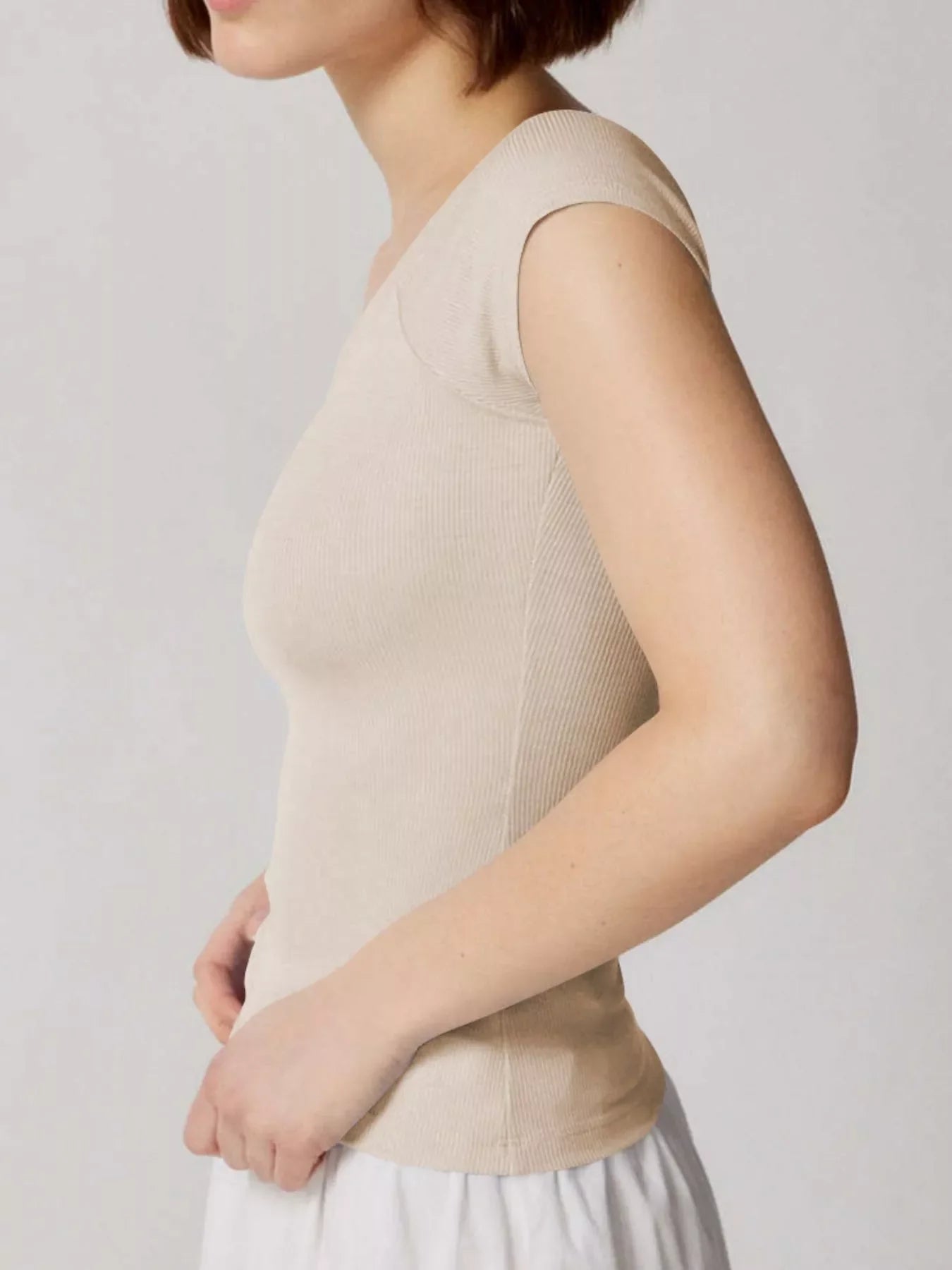 Ribbed V-Neck Cap Sleeve Fitted T-Shirt
