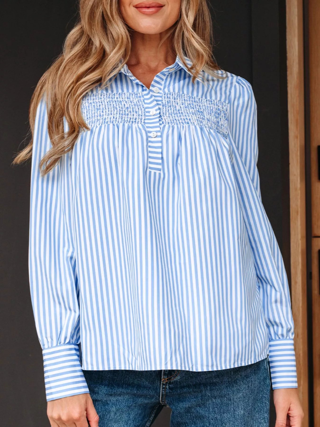 Stripe Shirred Detail Half Placket Collared Long Sleeve Shirt
