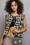 POL Tie Front Floral Pattern Crochet Vest with Scalloped Edge