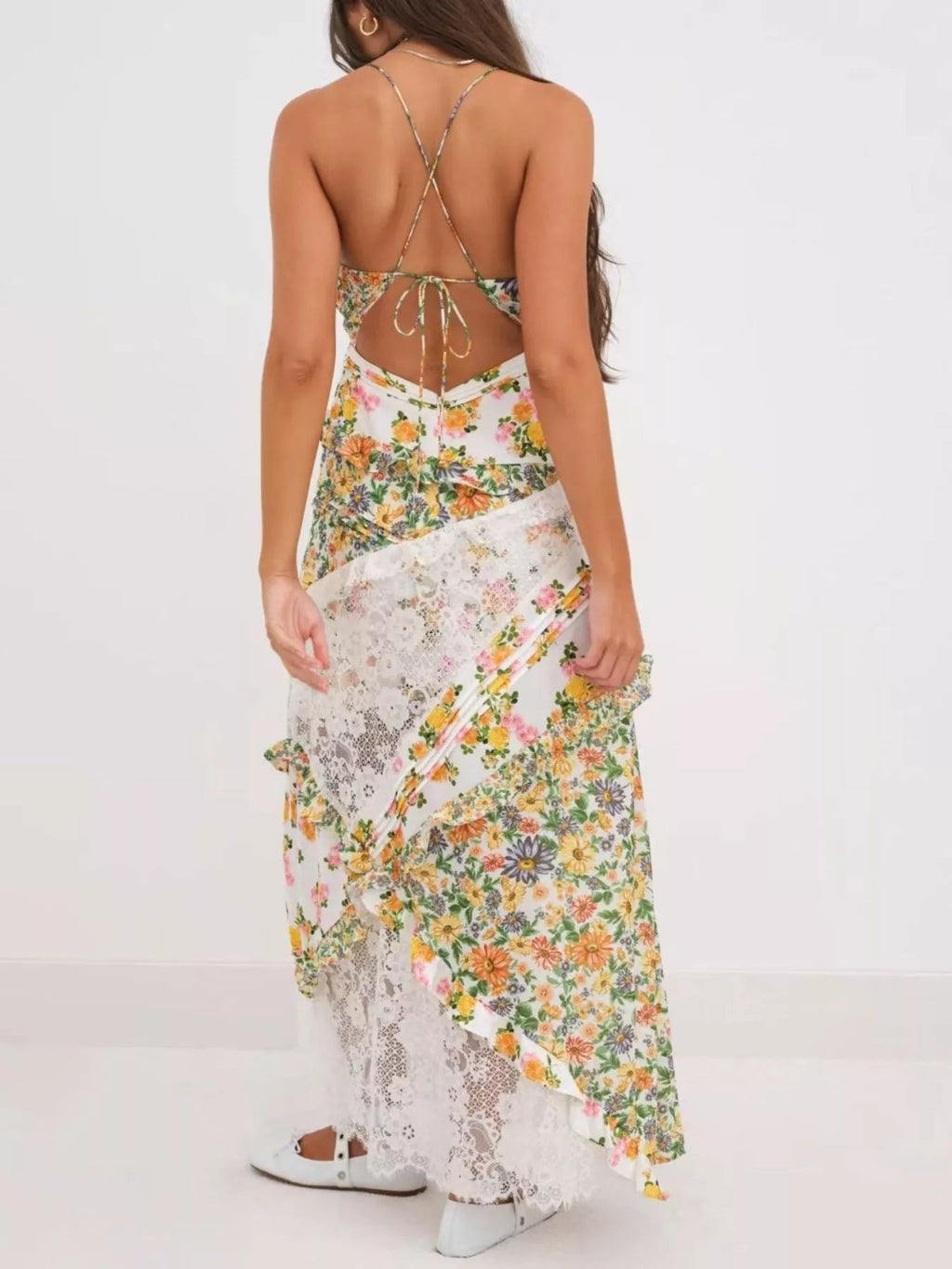 Lace Floral Print Ruffle Trim Maxi Dress