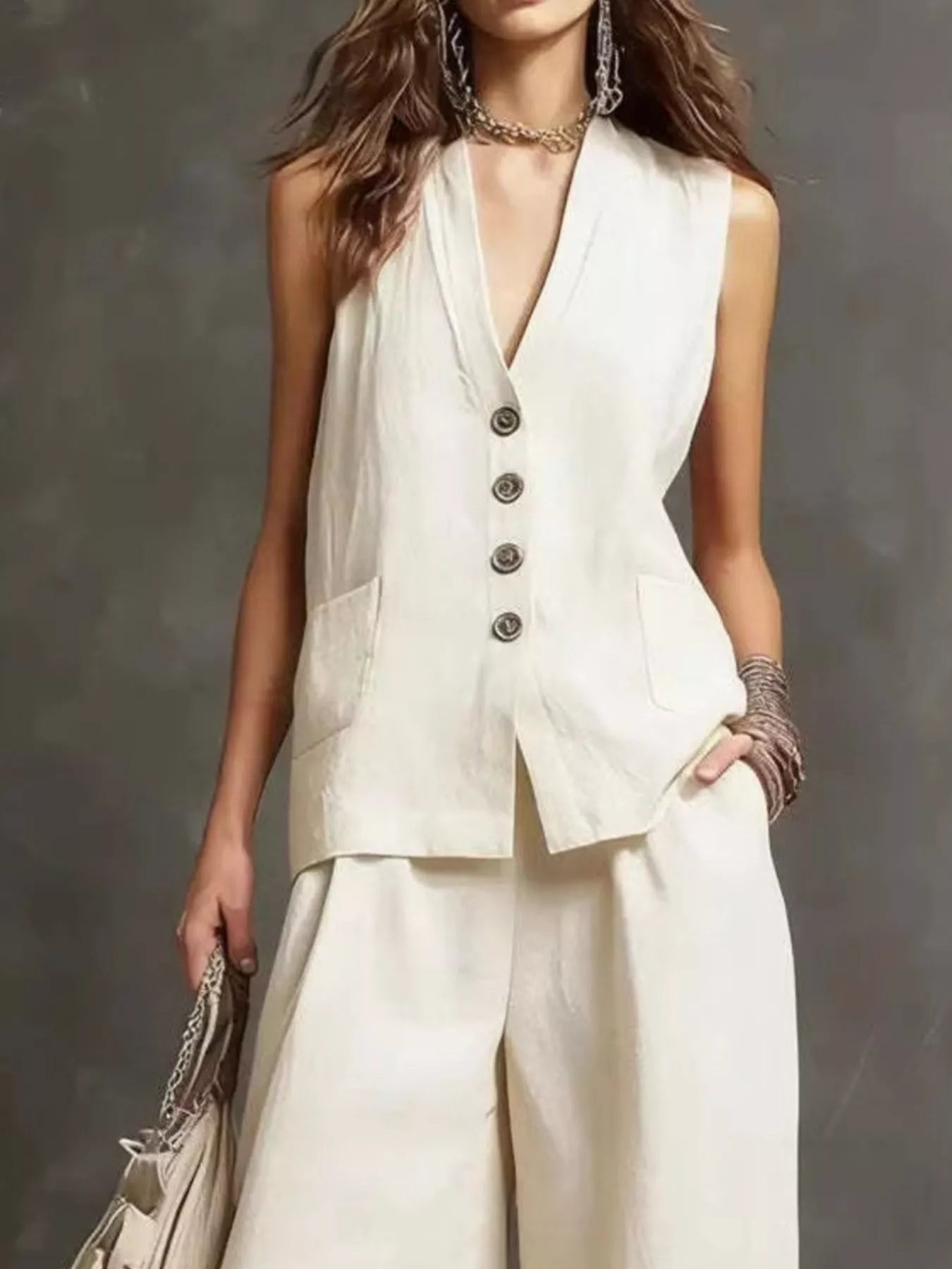 Full Size Sleeveless Vest and Wide-Leg Pants Set Plus SIze