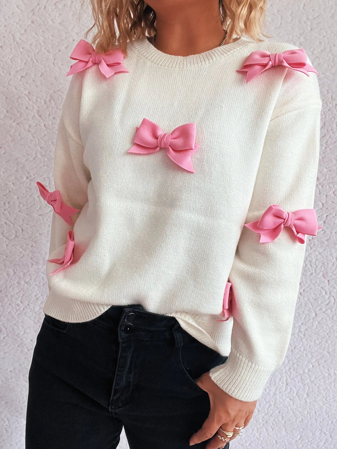 Bow Round Neck Long Sleeve Sweater