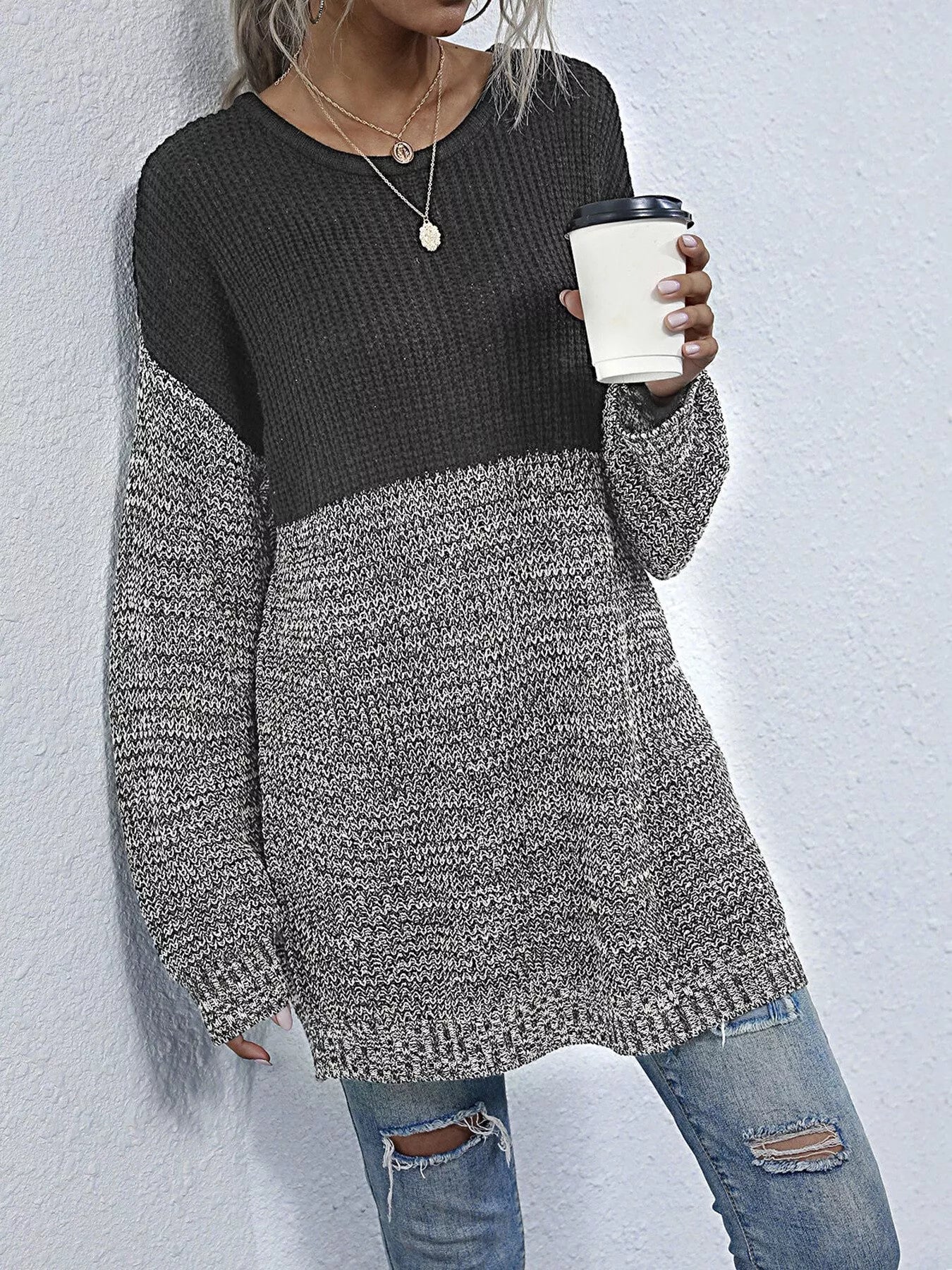 Color Block Long Sleeve Oversized Sweater