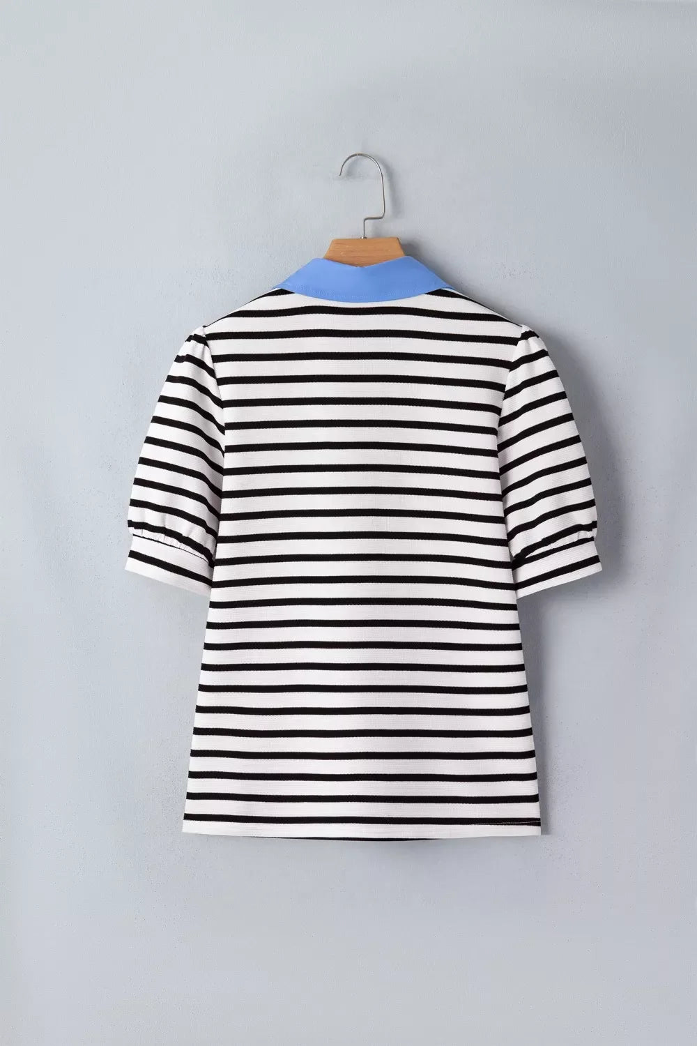 Striped Puff Sleeve Blouse with Contrast Collar