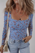 Floral Print Square Neck Long Sleeve Top