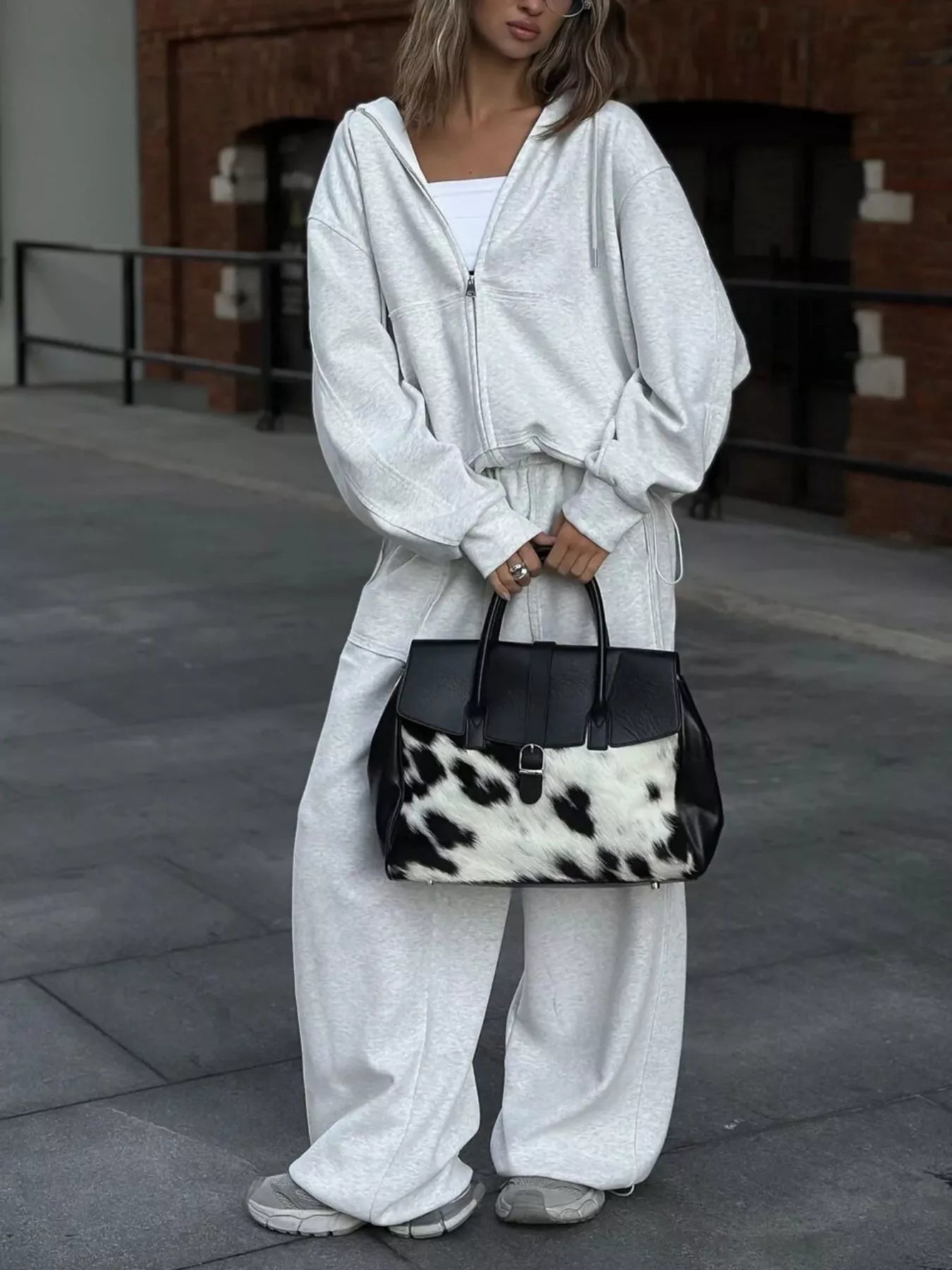 Oversized Zip-Up Hoodie and Wide-Leg Pants Set