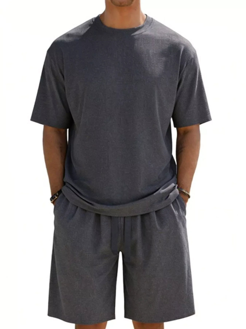 Men's Full Size Casual Striped Top and Shorts Set Plus Size