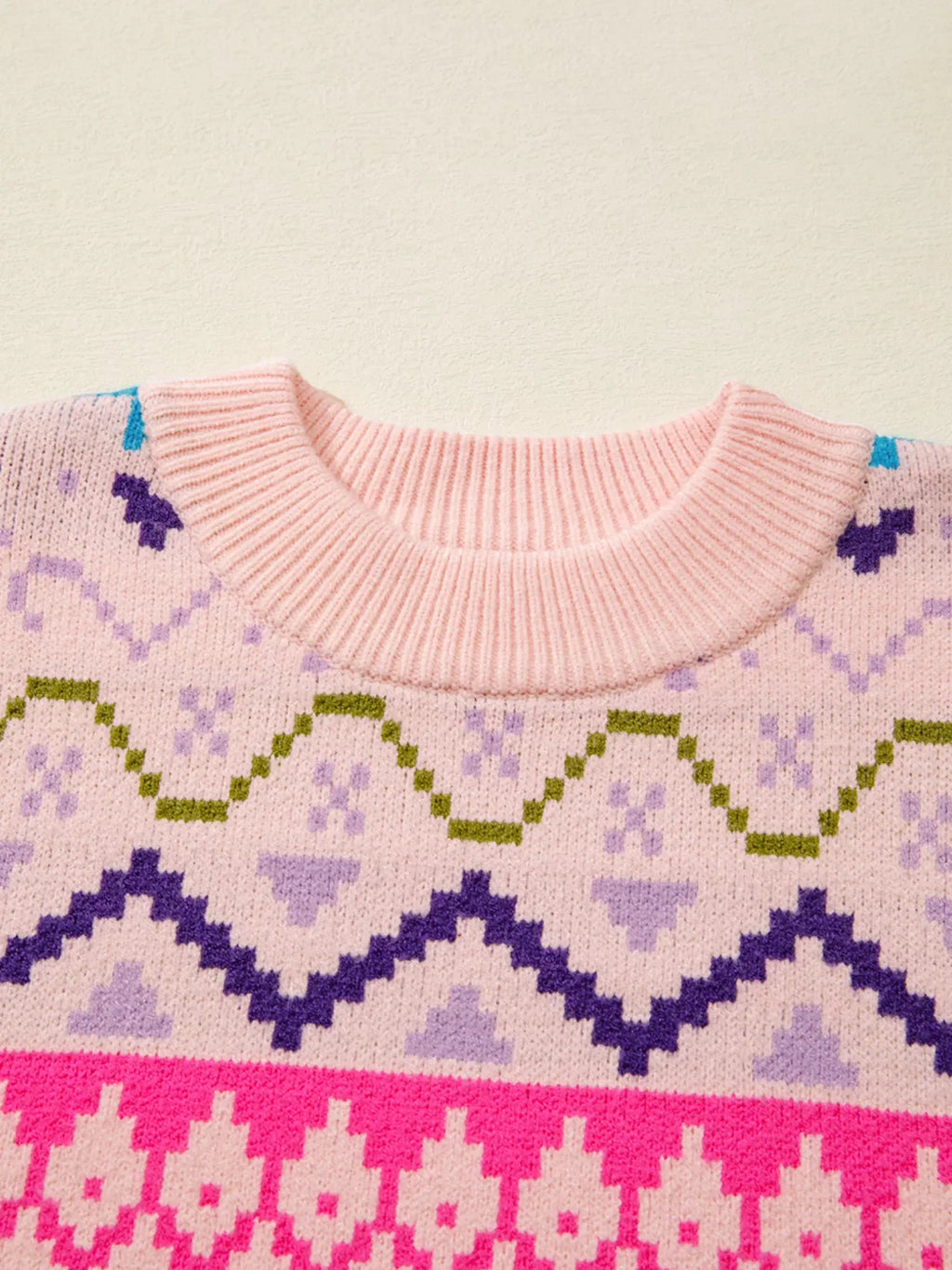 Multicolour Ethnic Christmas Pattern Knit Feather Cuffed Sweater