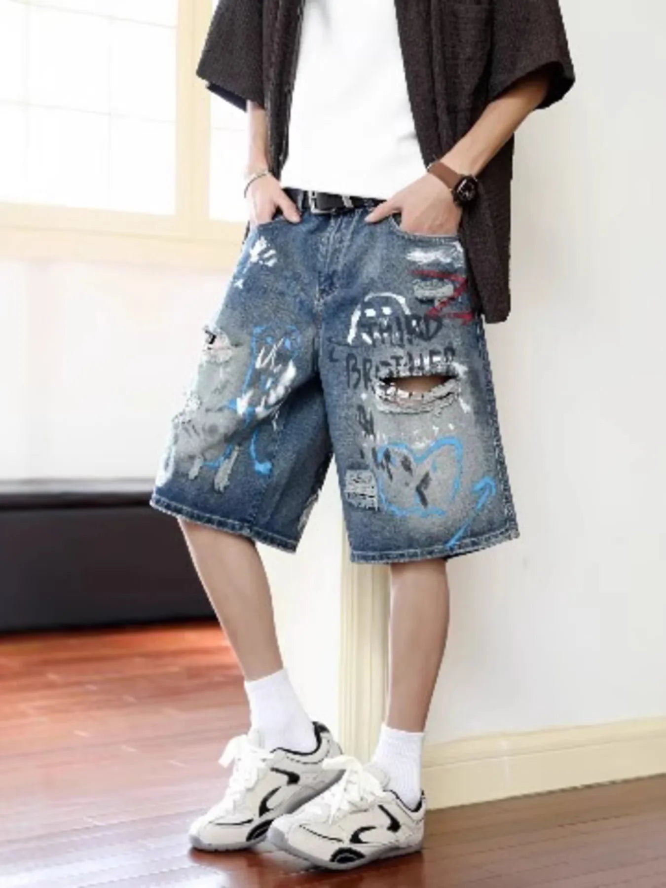Men's Plus Size Distressed Loose Fit Denim Shorts