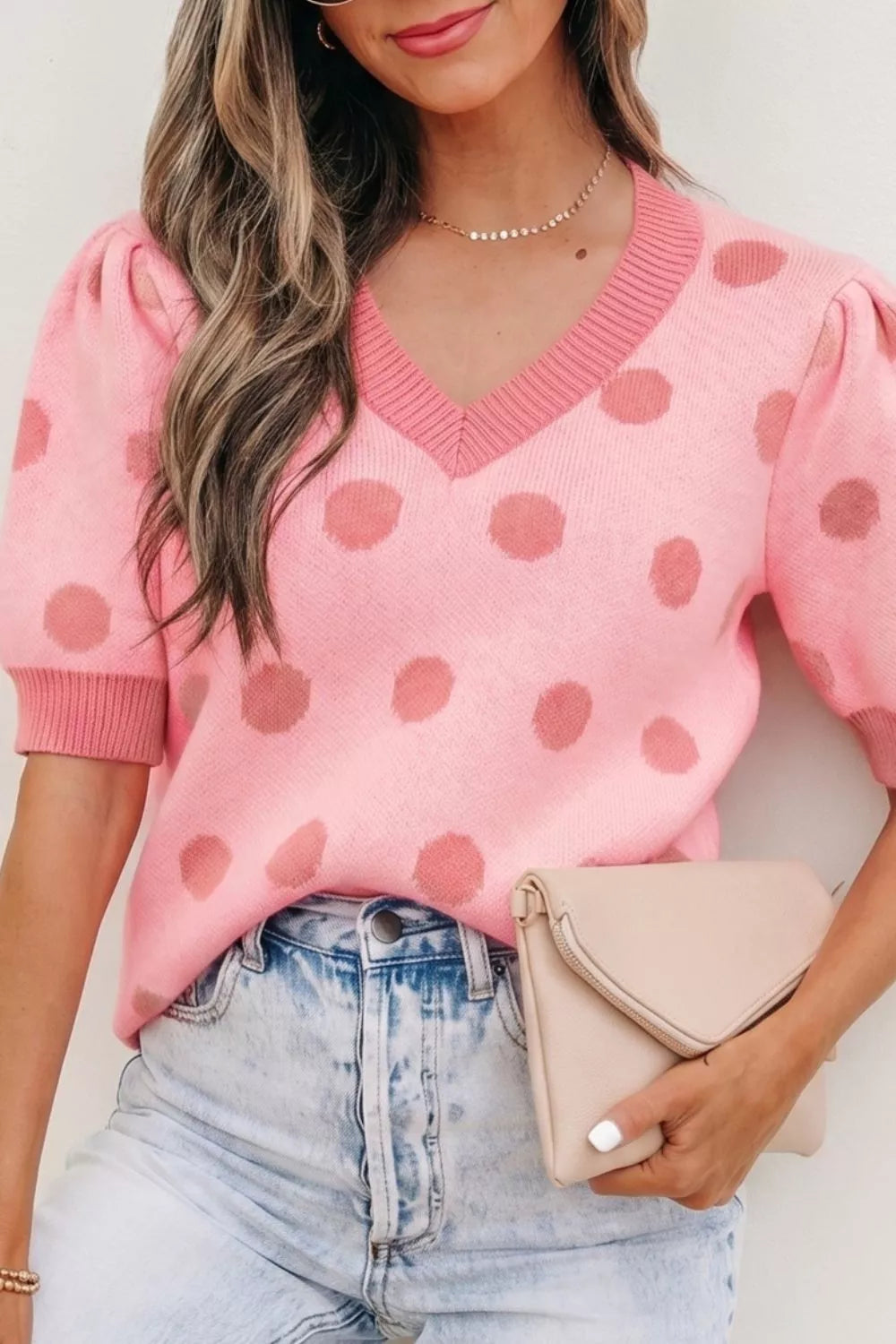 Polka Dot Puff Short Sleeve Sweater Top