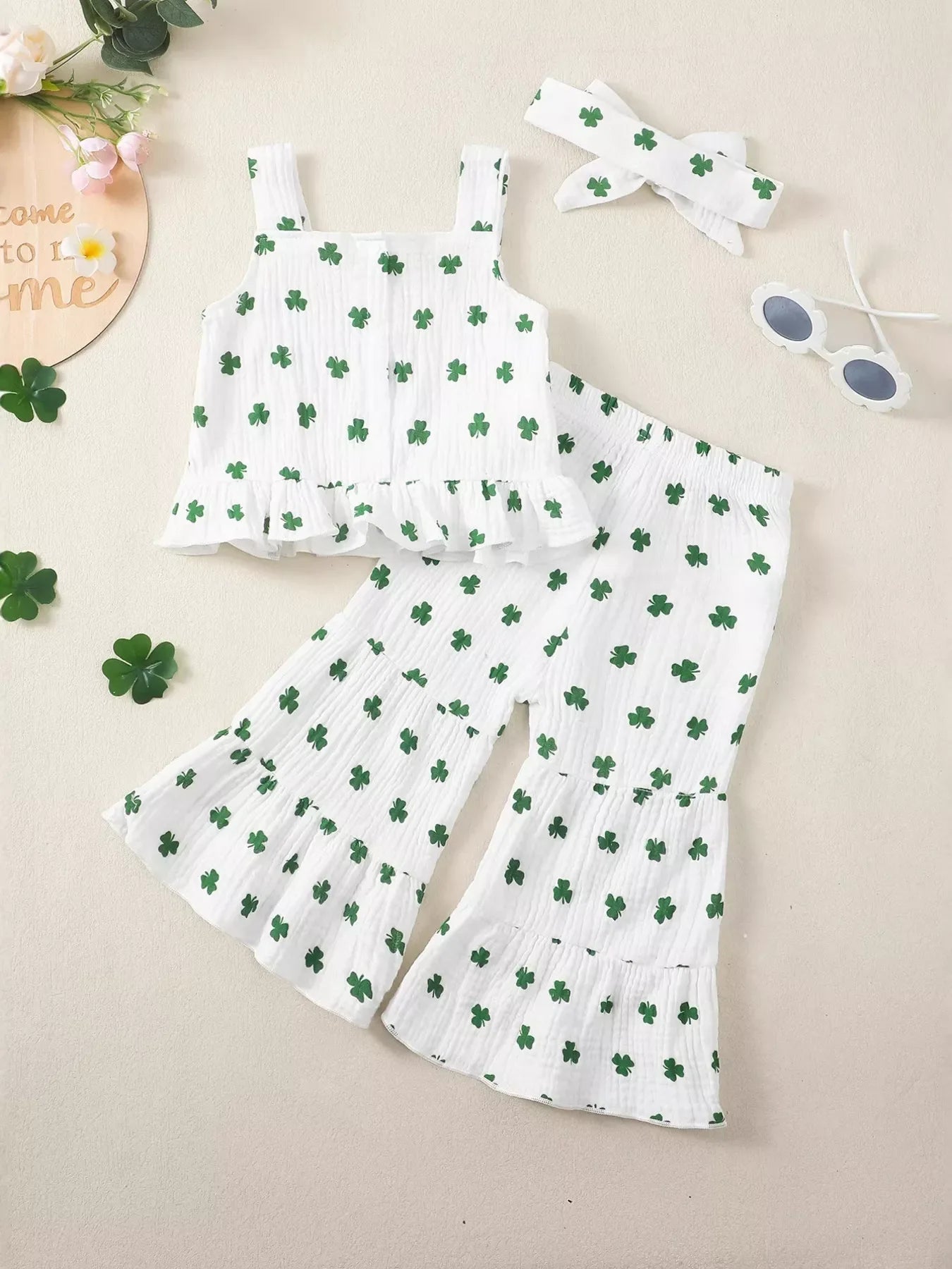 Children's Shamrock Print Ruffle Set with Headband
