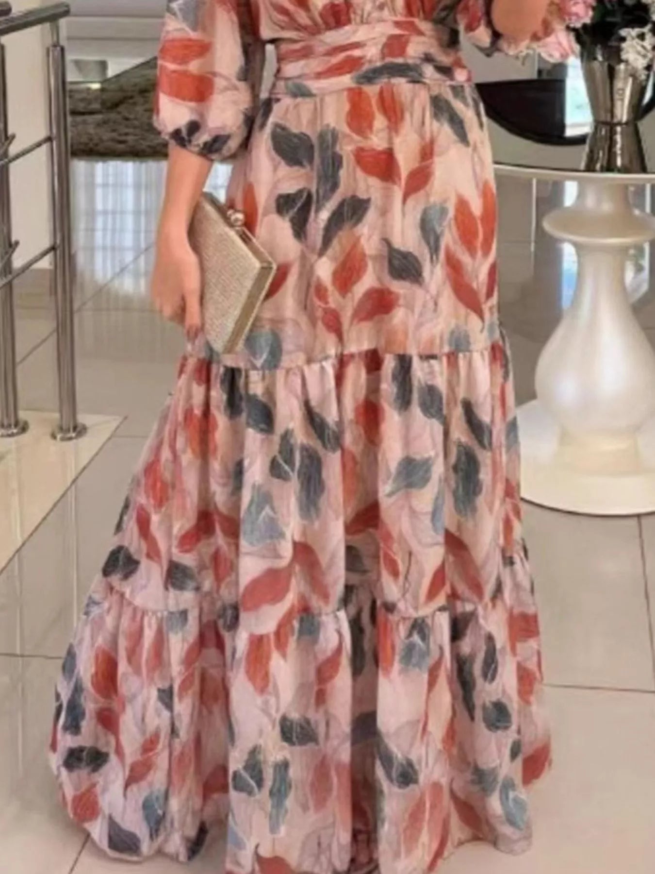 Full Size Printed V-Neck Maxi Dress with Tiered Hemline Plus Size