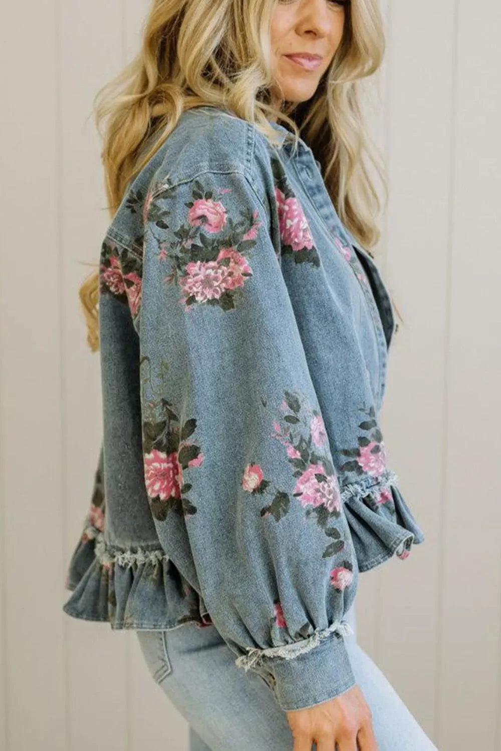 Floral Print Denim Jacket with Ruffled Hem