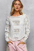 POL Round Neck Long Sleeve Exposed Seam Top with Lace Detail