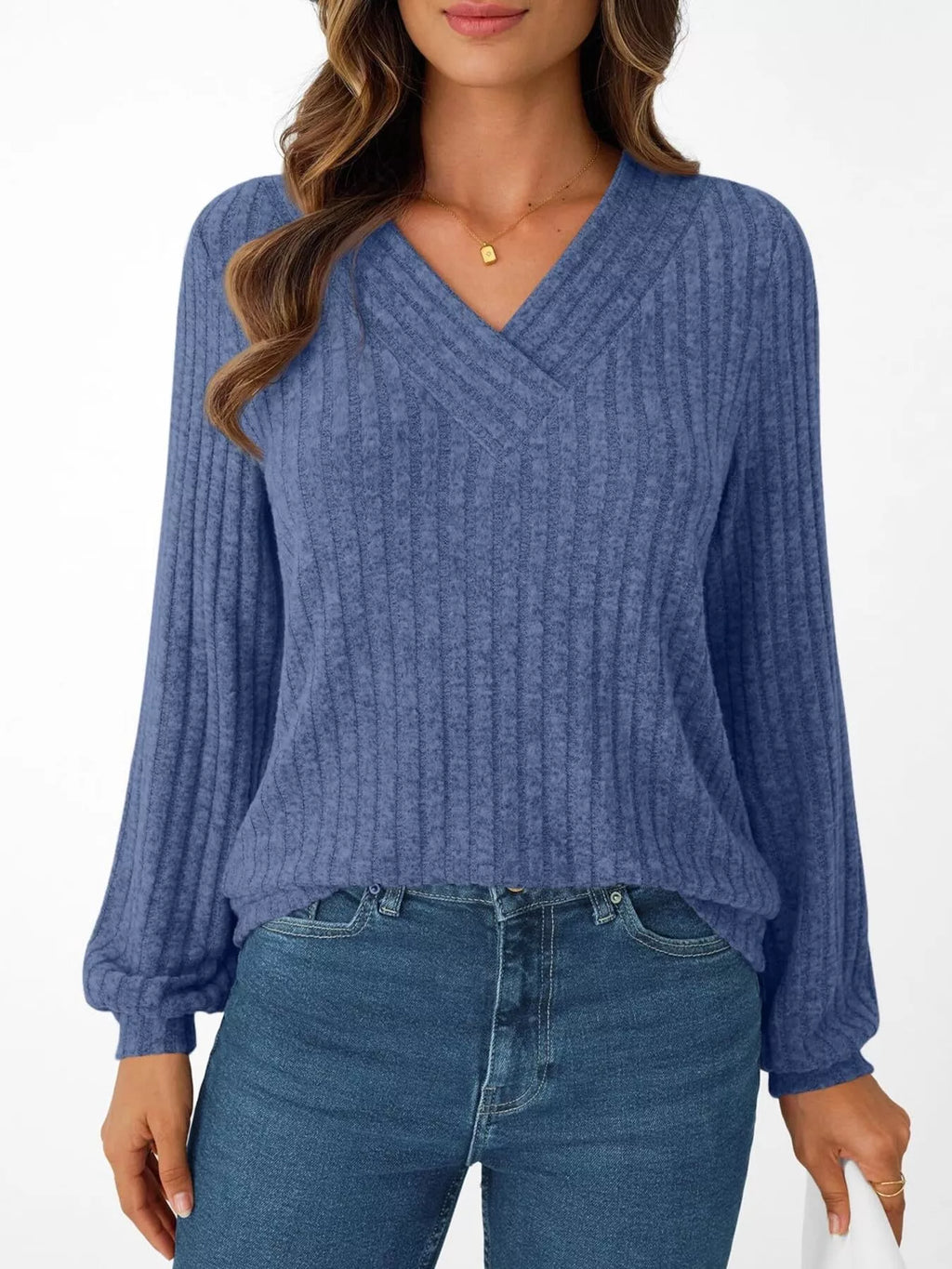Ribbed Knit V-Neck Long Sleeve T-Shirt