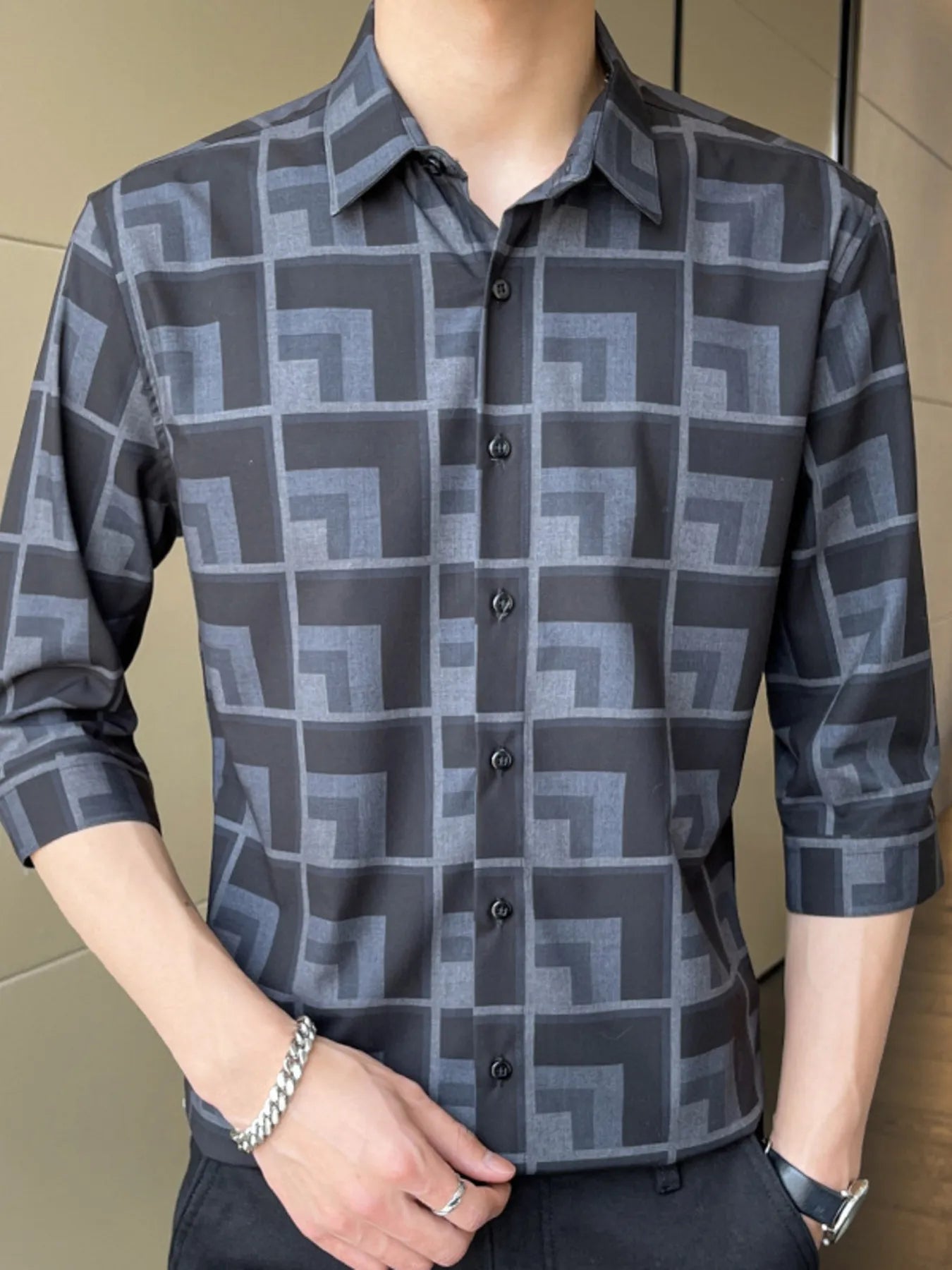 Men's Plus Size Geometric Pattern Button Up Casual Shirt