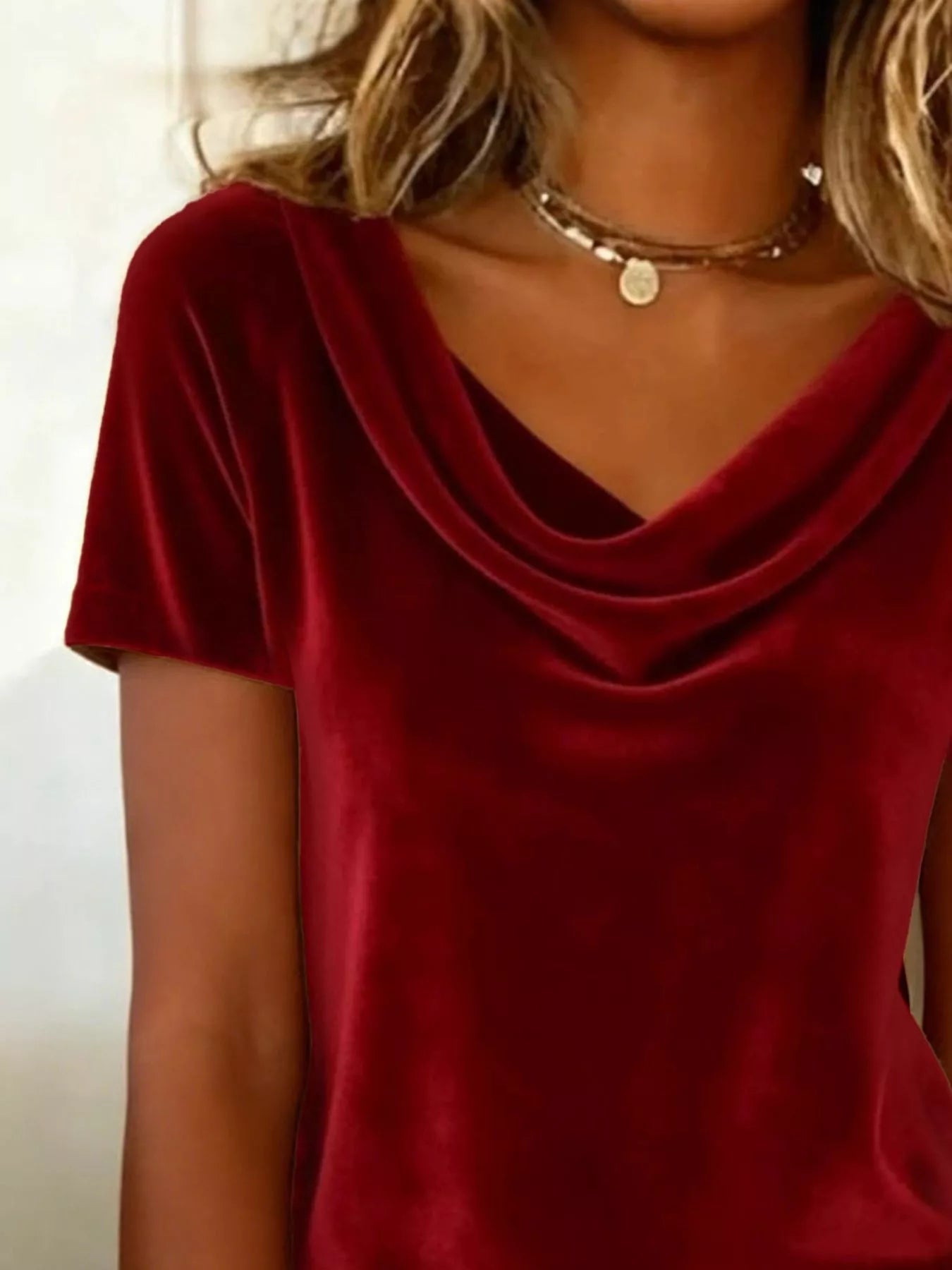 Velvet Cowl Neck Short Sleeve Top