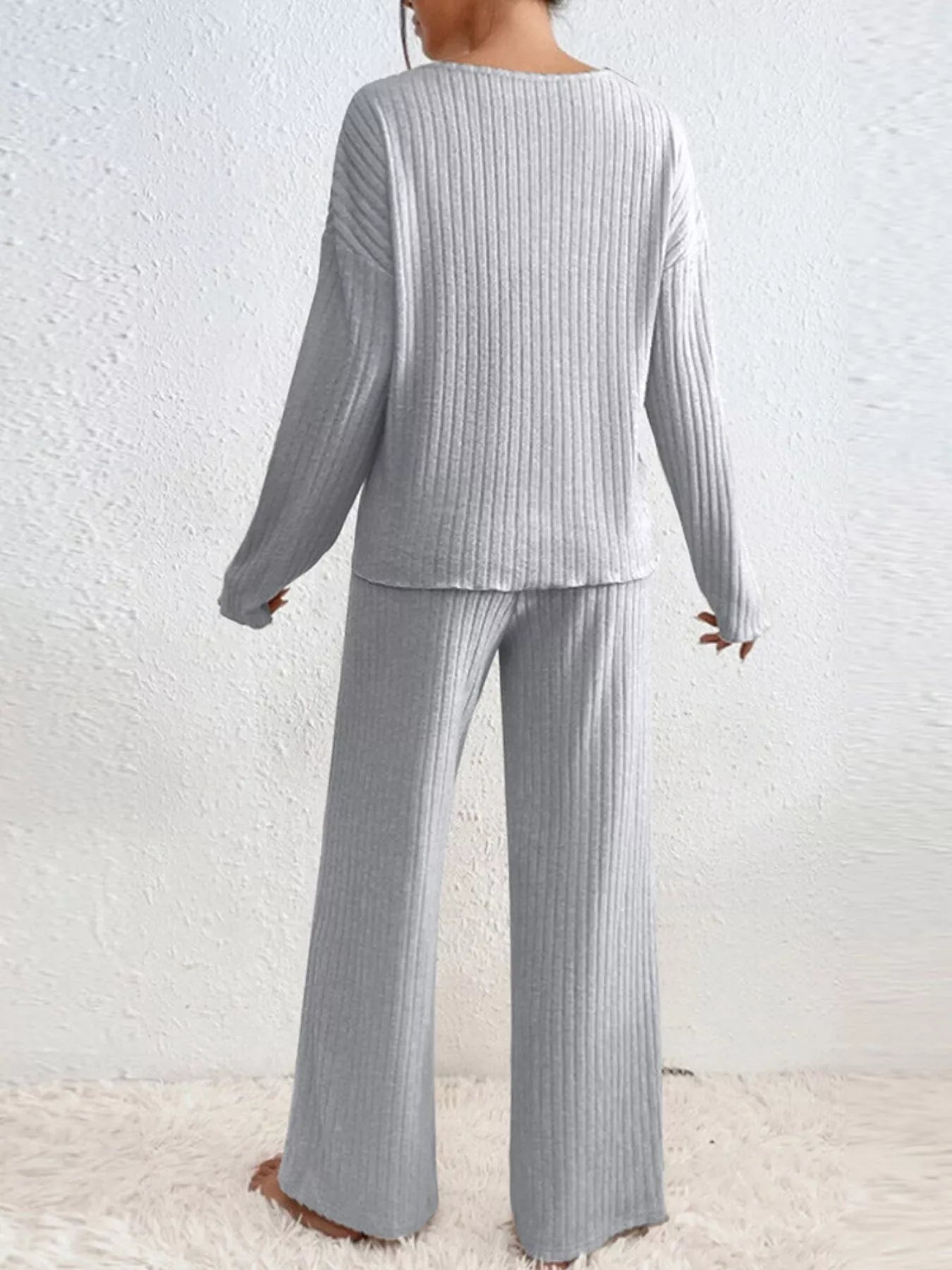 Ribbed Knit V-Neck Top and Pants Set