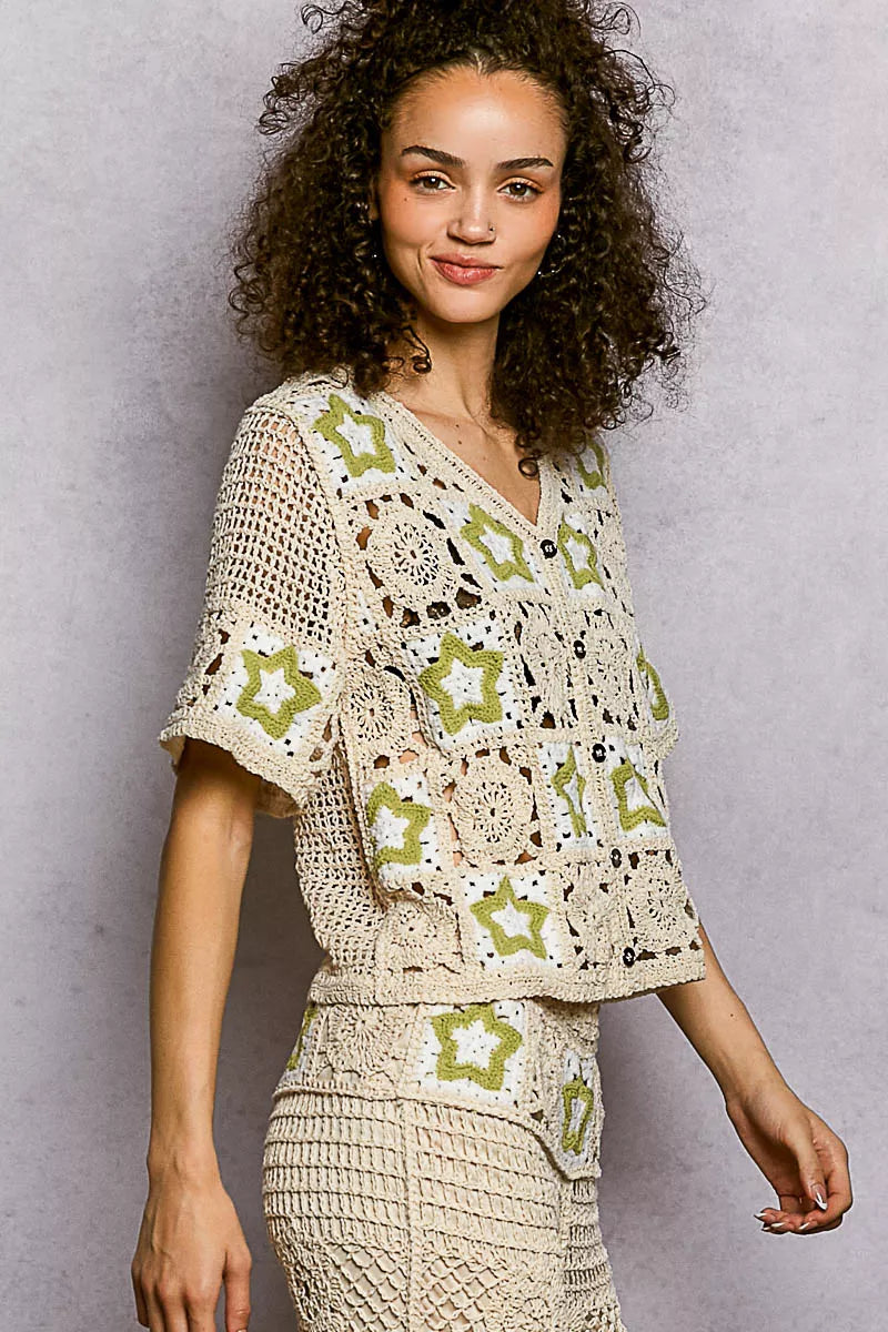 POL Button Front V-Neck Crochet Cardigan with Contast Star