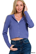 Zenana Button-Front Crewneck Long Sleeve Cropped Cardigan